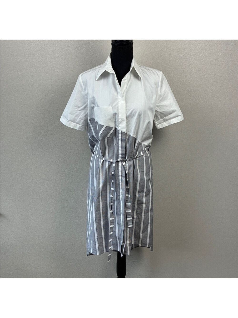 HANNAH Shirt Dress Short Sleeves Polo Collar Pinstripes Blue/White Cotton Midi M